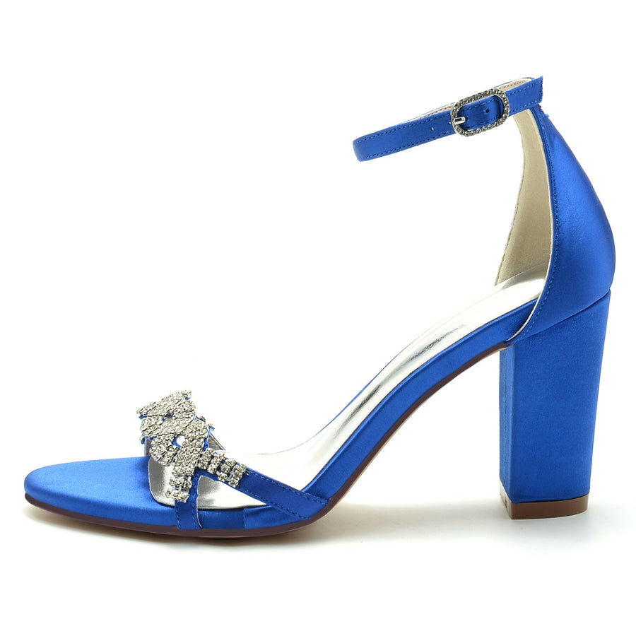 Damen Seidensatin mit Knöchelriemen Blockabsatz Strass Peep Toe Hochzeitsschuhe