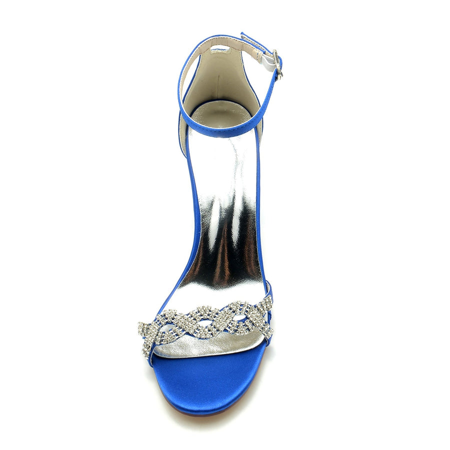 Damen Seidensatin mit Knöchelriemen Blockabsatz Strass Peep Toe Hochzeitsschuhe