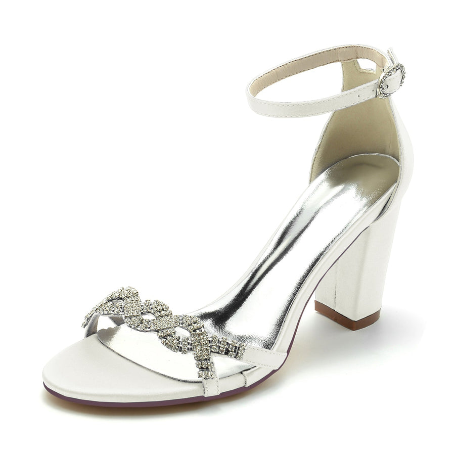 Damen Seidensatin mit Knöchelriemen Blockabsatz Strass Peep Toe Hochzeitsschuhe