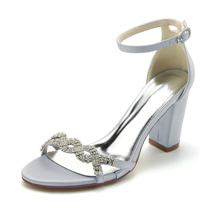 Damen Seidensatin mit Knöchelriemen Blockabsatz Strass Peep Toe Hochzeitsschuhe