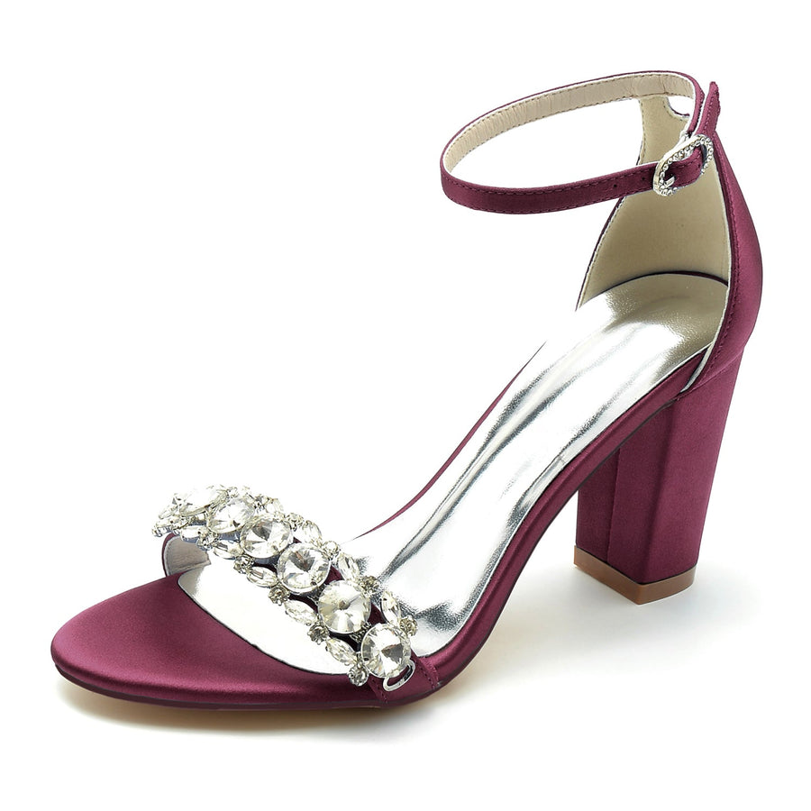 Damen Seidensatin mit Strass Knöchelriemen Peep Toe Blockabsatz Partyschuhe
