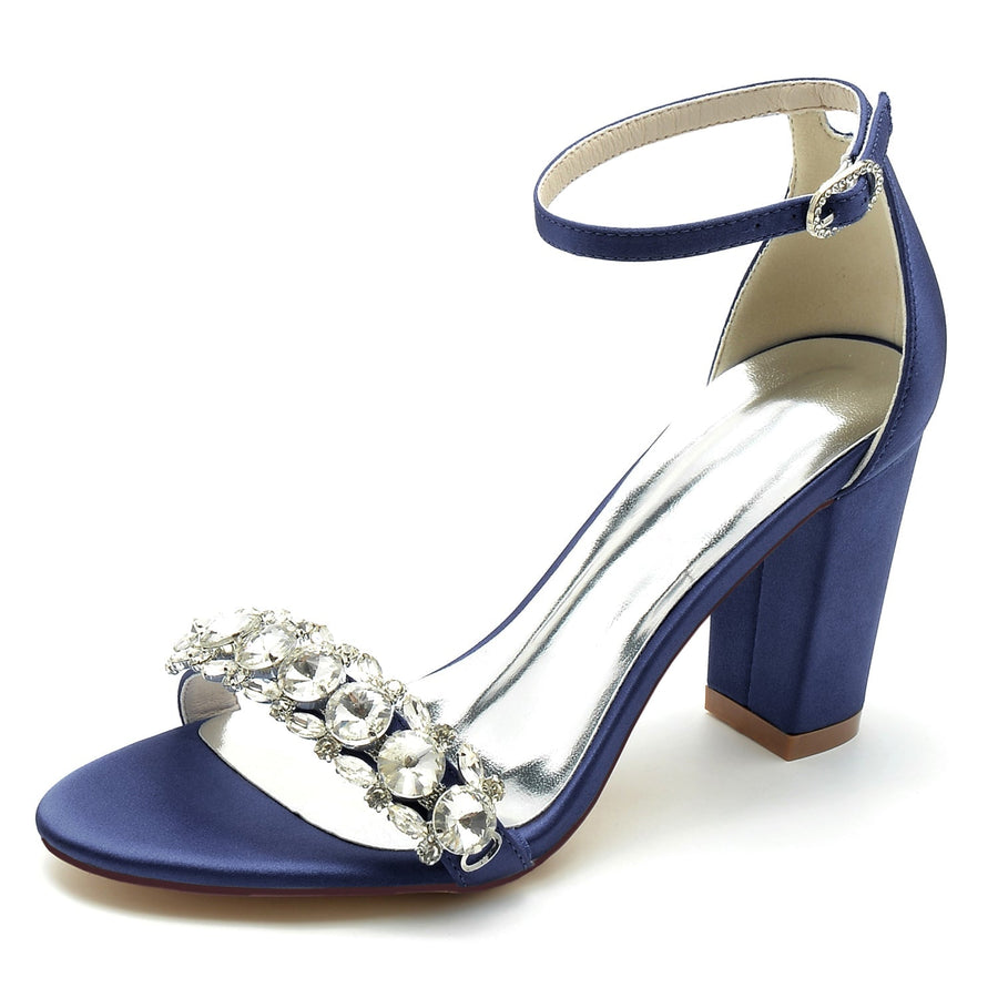 Damen Seidensatin mit Strass Knöchelriemen Peep Toe Blockabsatz Partyschuhe