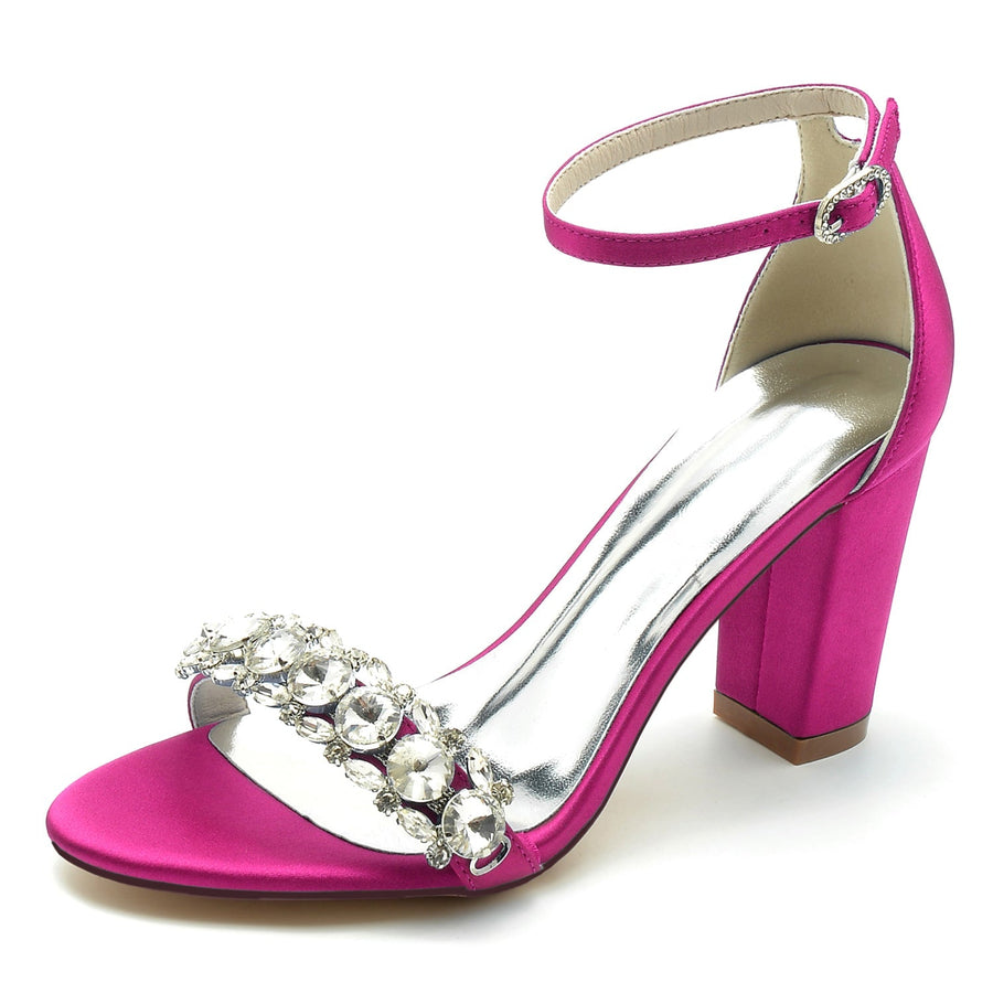 Damen Seidensatin mit Strass Knöchelriemen Peep Toe Blockabsatz Partyschuhe