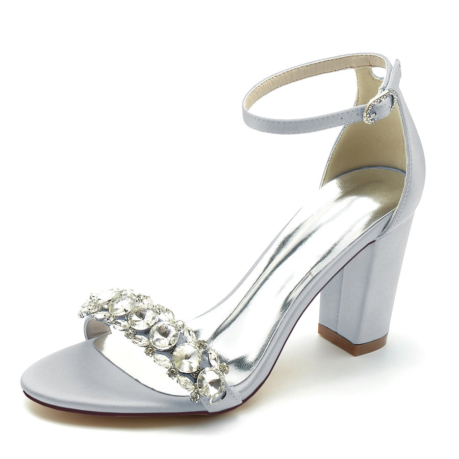 Damen Seidensatin mit Strass Knöchelriemen Peep Toe Blockabsatz Partyschuhe