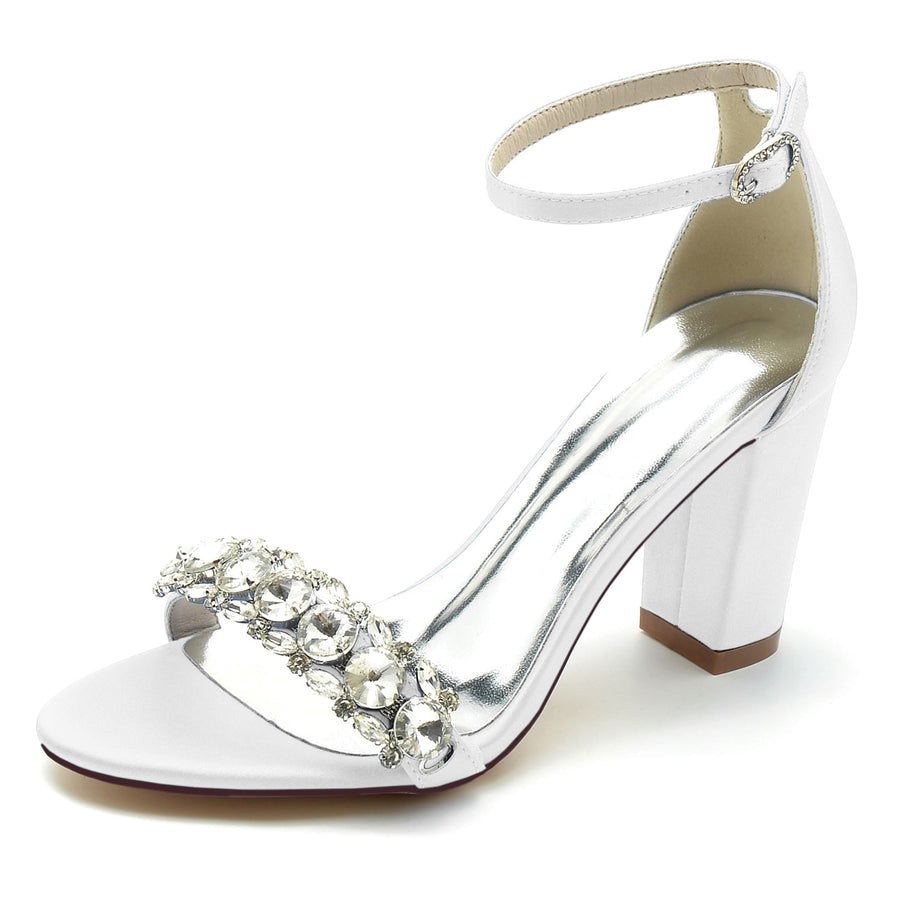 Damen Seidensatin mit Strass Knöchelriemen Peep Toe Blockabsatz Partyschuhe