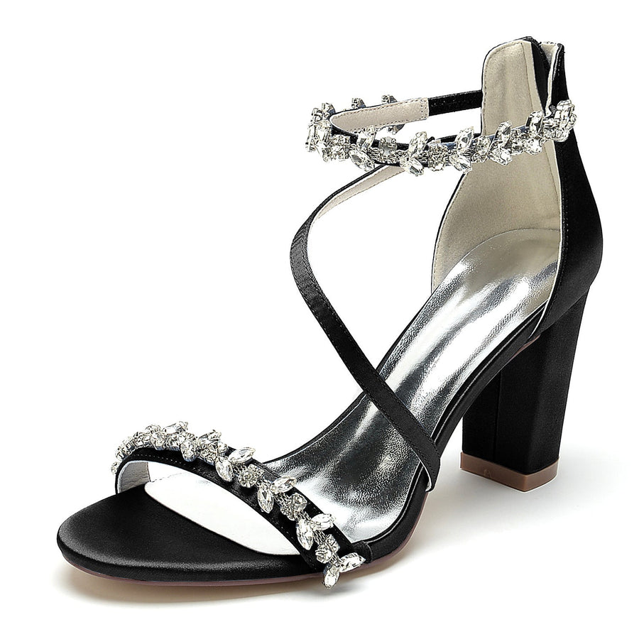 Damen Seidensatin mit Knöchelriemen Peep Toe Blockabsatz Strass Party Schuhe
