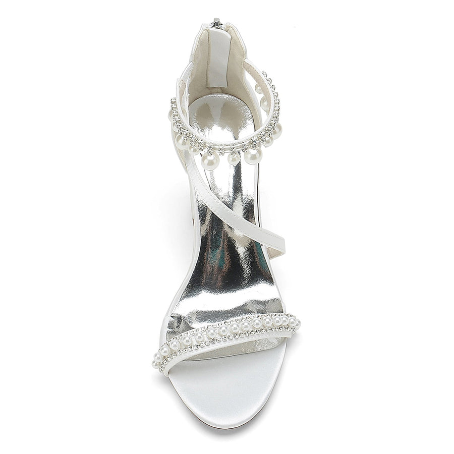 Damen Seidensatin mit Knöchelriemen Perle Strass Quaste Peep Toe Blockabsatz Party Schuhe