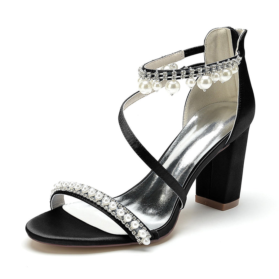 Damen Seidensatin mit Knöchelriemen Perle Strass Quaste Peep Toe Blockabsatz Party Schuhe
