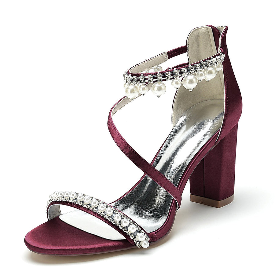 Damen Seidensatin mit Knöchelriemen Perle Strass Quaste Peep Toe Blockabsatz Party Schuhe