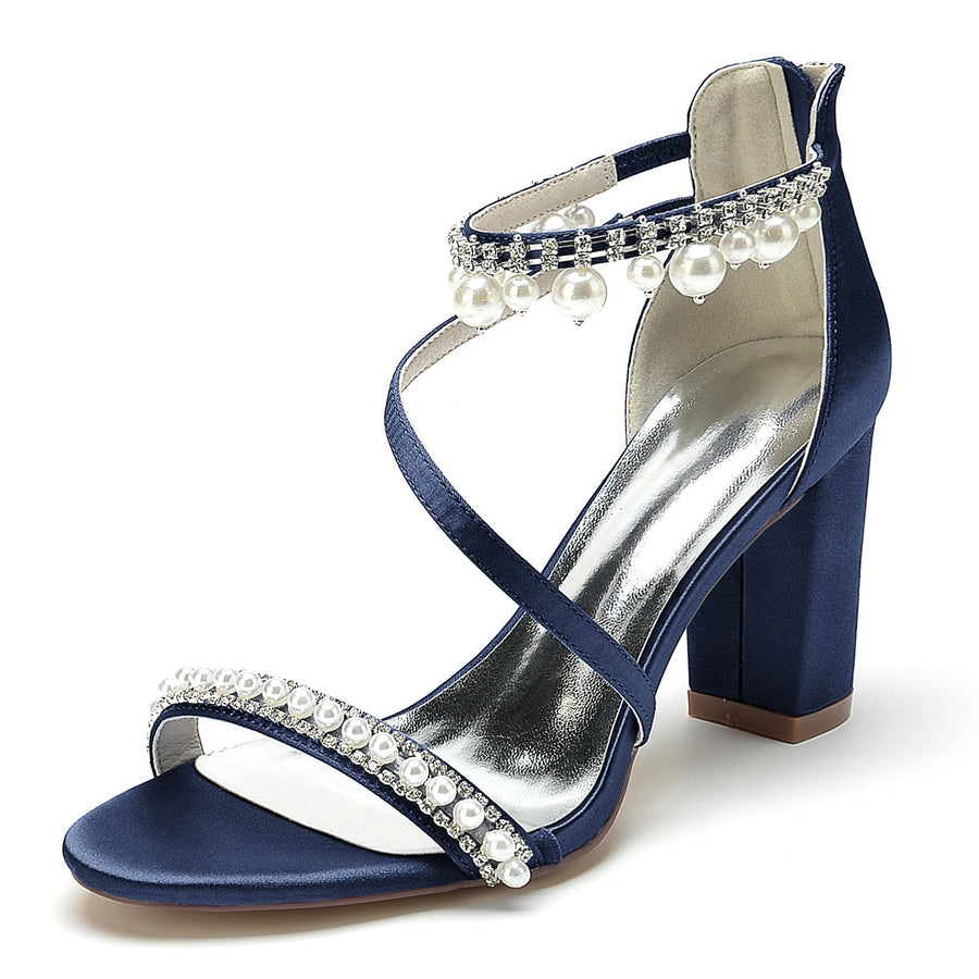 Damen Seidensatin mit Knöchelriemen Perle Strass Quaste Peep Toe Blockabsatz Party Schuhe