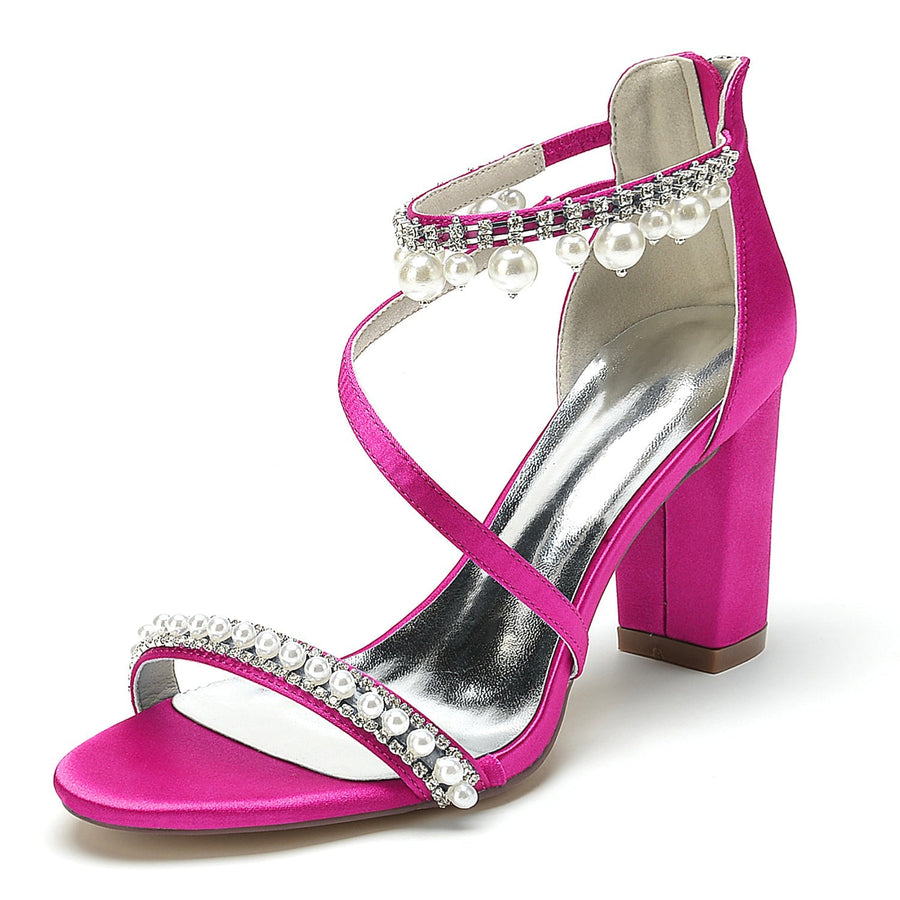 Damen Seidensatin mit Knöchelriemen Perle Strass Quaste Peep Toe Blockabsatz Party Schuhe