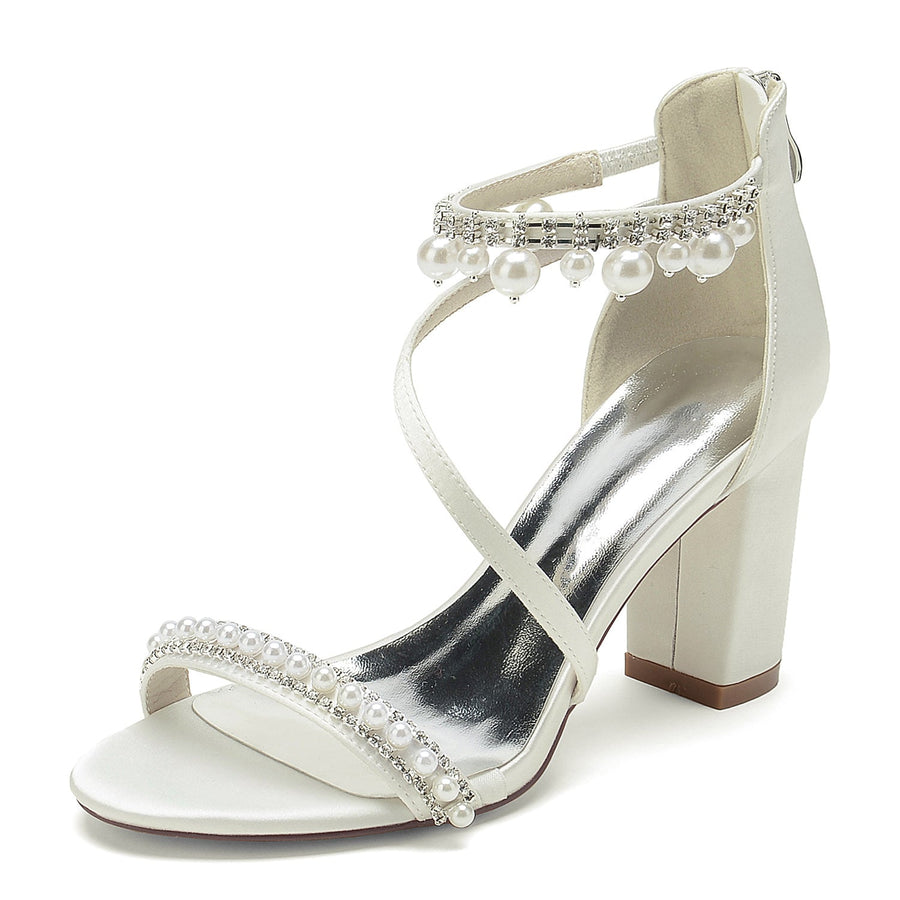 Damen Seidensatin mit Knöchelriemen Perle Strass Quaste Peep Toe Blockabsatz Party Schuhe