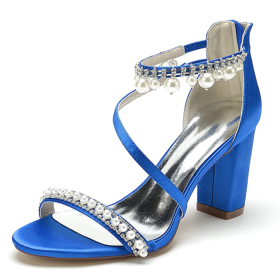Damen Seidensatin mit Knöchelriemen Perle Strass Quaste Peep Toe Blockabsatz Party Schuhe