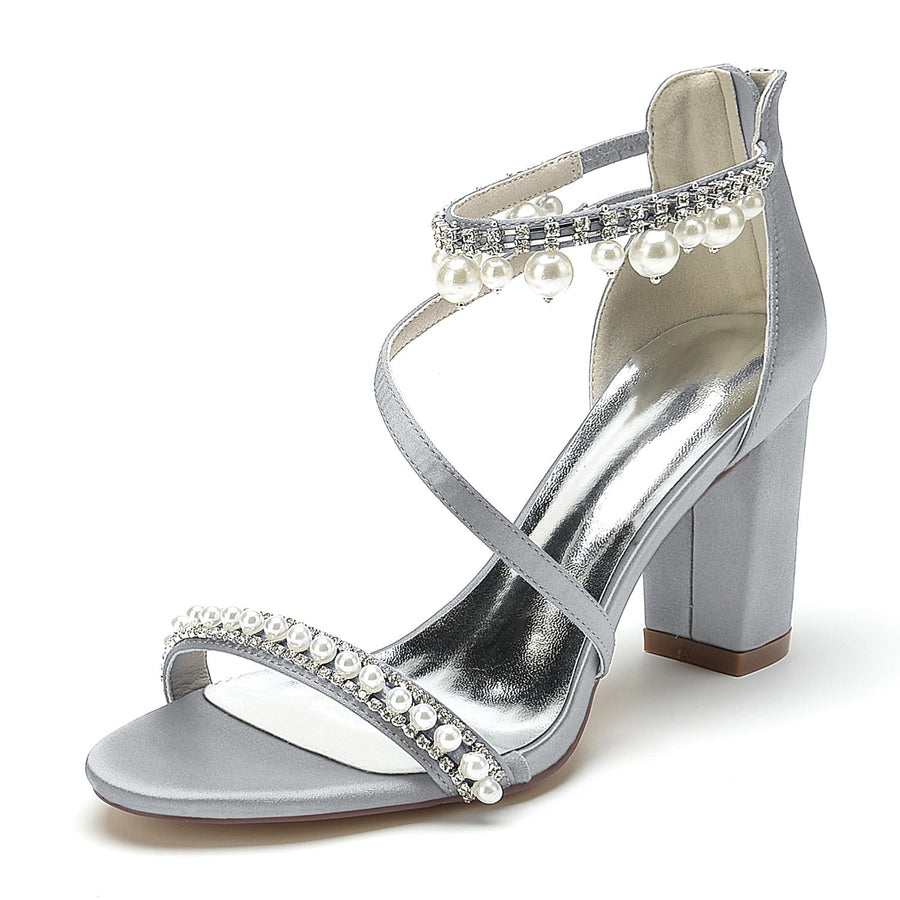 Damen Seidensatin mit Knöchelriemen Perle Strass Quaste Peep Toe Blockabsatz Party Schuhe