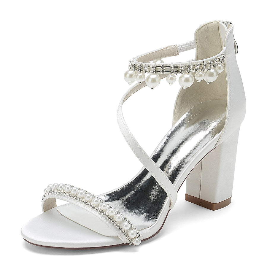Damen Seidensatin mit Knöchelriemen Perle Strass Quaste Peep Toe Blockabsatz Party Schuhe