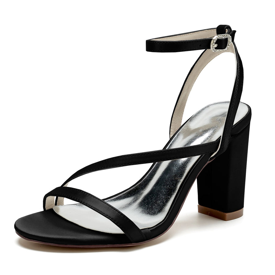 Damen Seidensatin mit Blockabsatz Peep Toe Knöchelriemen Hochzeitsschuhe