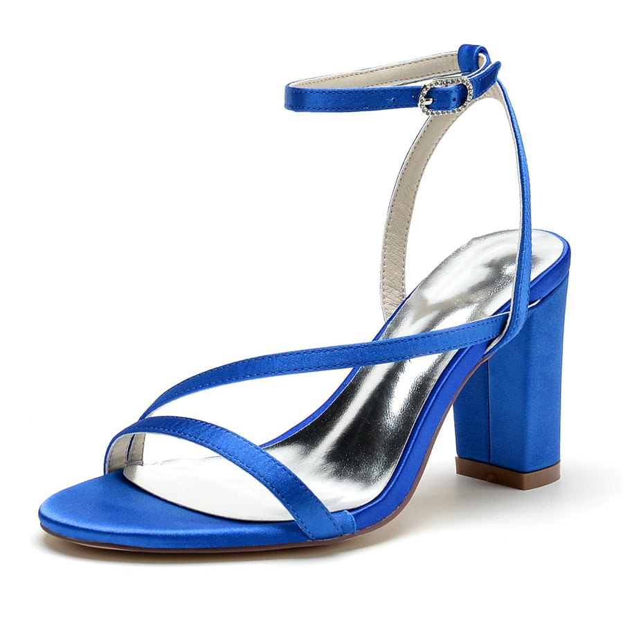 Damen Seidensatin mit Blockabsatz Peep Toe Knöchelriemen Hochzeitsschuhe