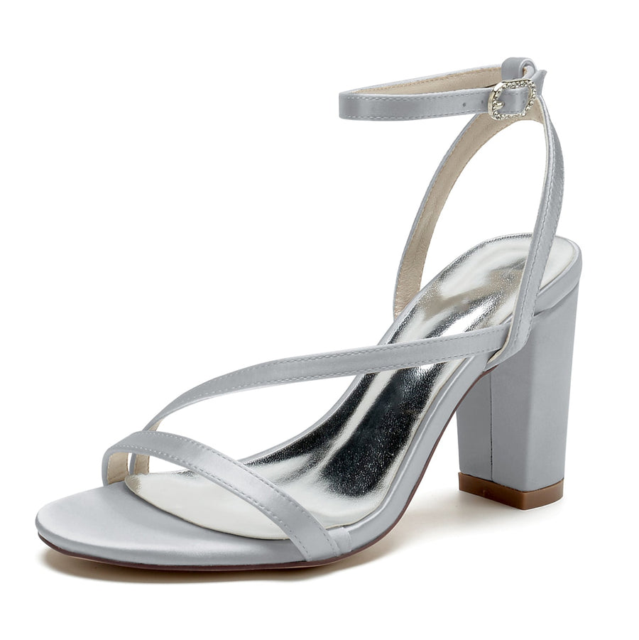 Damen Seidensatin mit Blockabsatz Peep Toe Knöchelriemen Hochzeitsschuhe