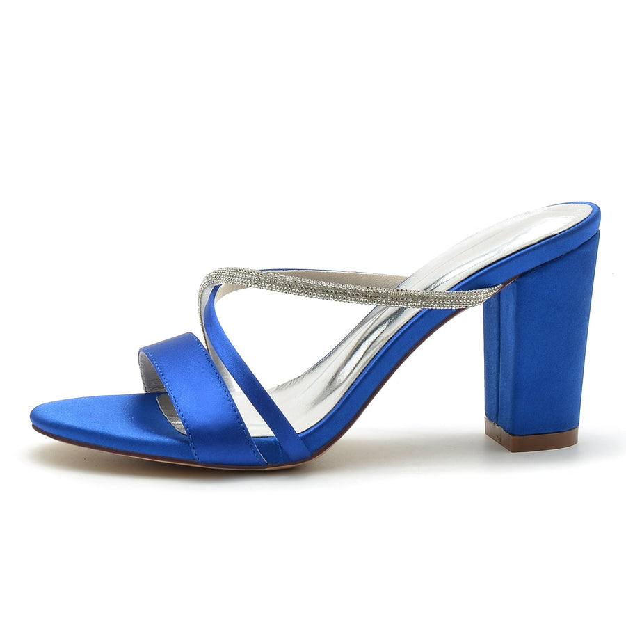 Damen Seidensatin mit Strass Peep Toe Blockabsatz Partyschuhe