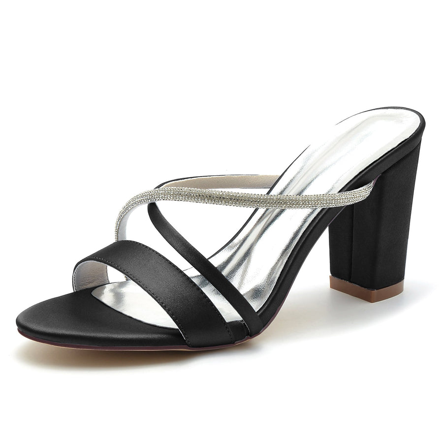 Damen Seidensatin mit Strass Peep Toe Blockabsatz Partyschuhe