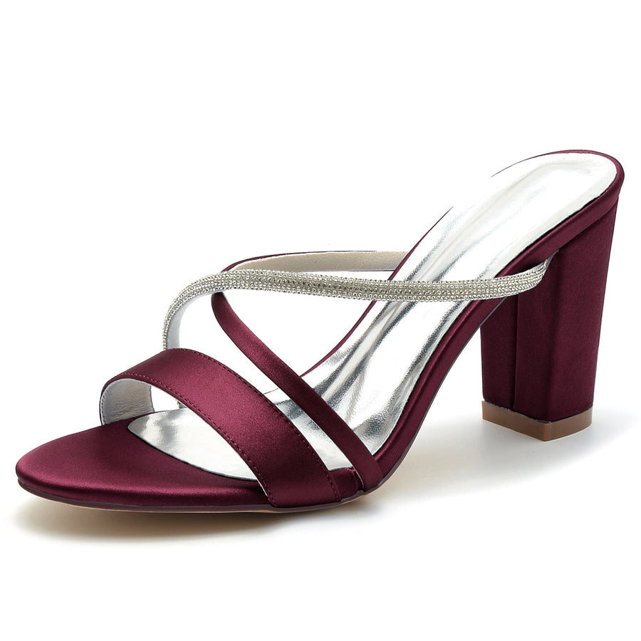 Damen Seidensatin mit Strass Peep Toe Blockabsatz Partyschuhe