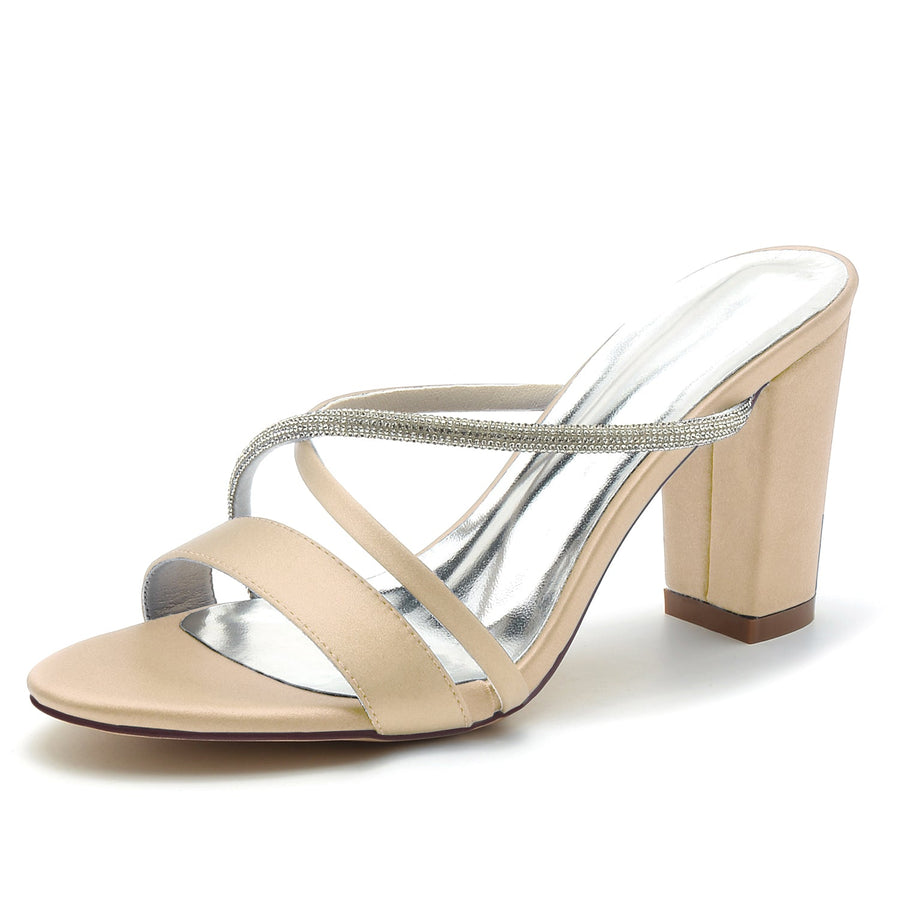 Damen Seidensatin mit Strass Peep Toe Blockabsatz Partyschuhe