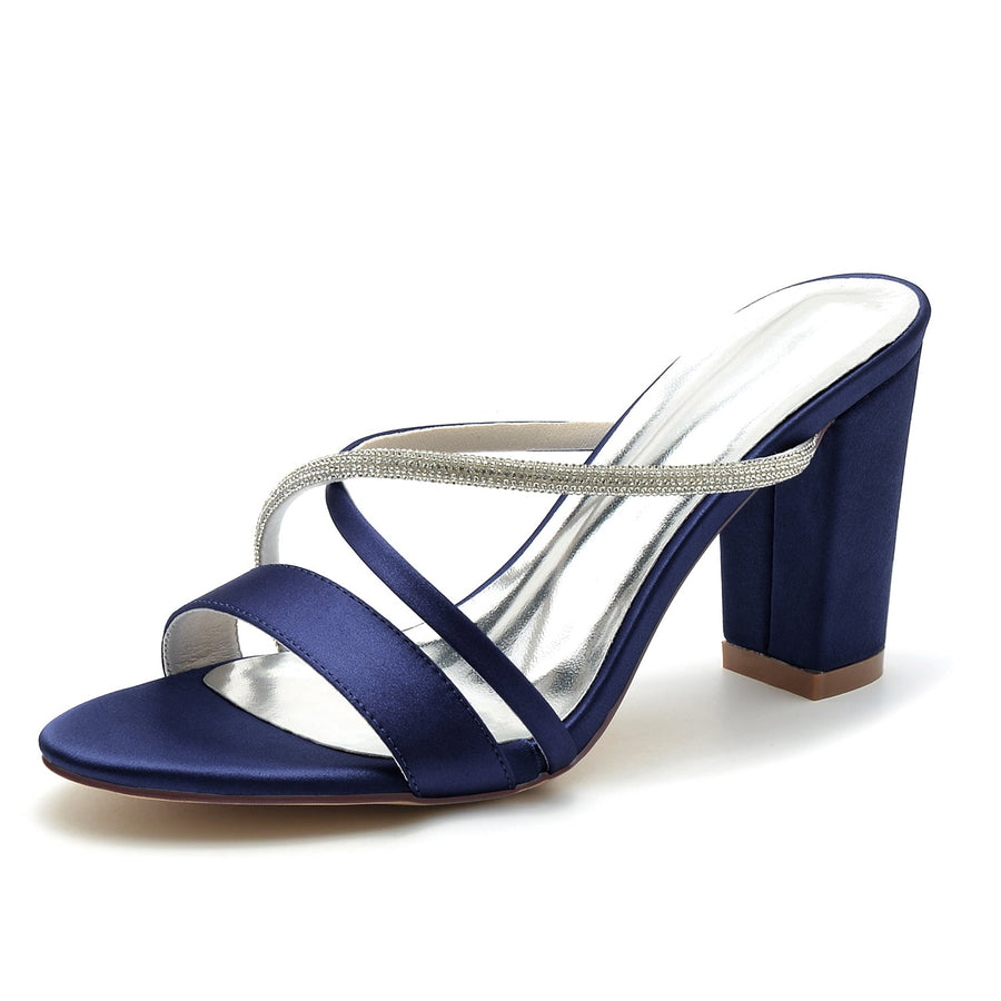 Damen Seidensatin mit Strass Peep Toe Blockabsatz Partyschuhe