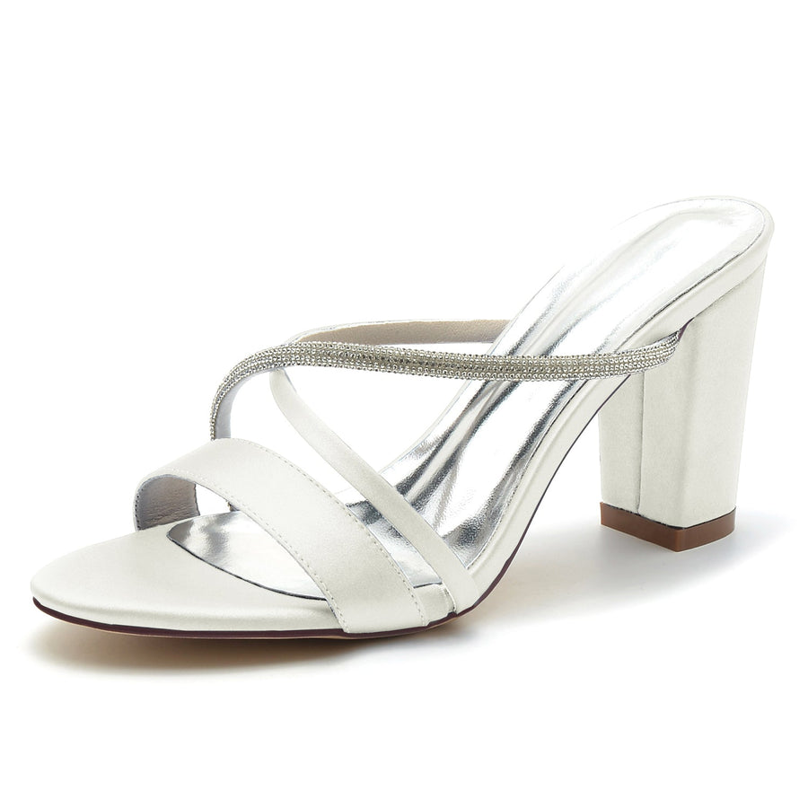 Damen Seidensatin mit Strass Peep Toe Blockabsatz Partyschuhe