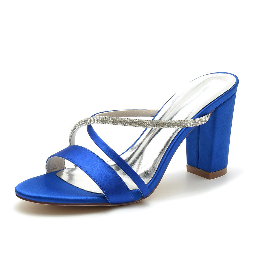 Damen Seidensatin mit Strass Peep Toe Blockabsatz Partyschuhe
