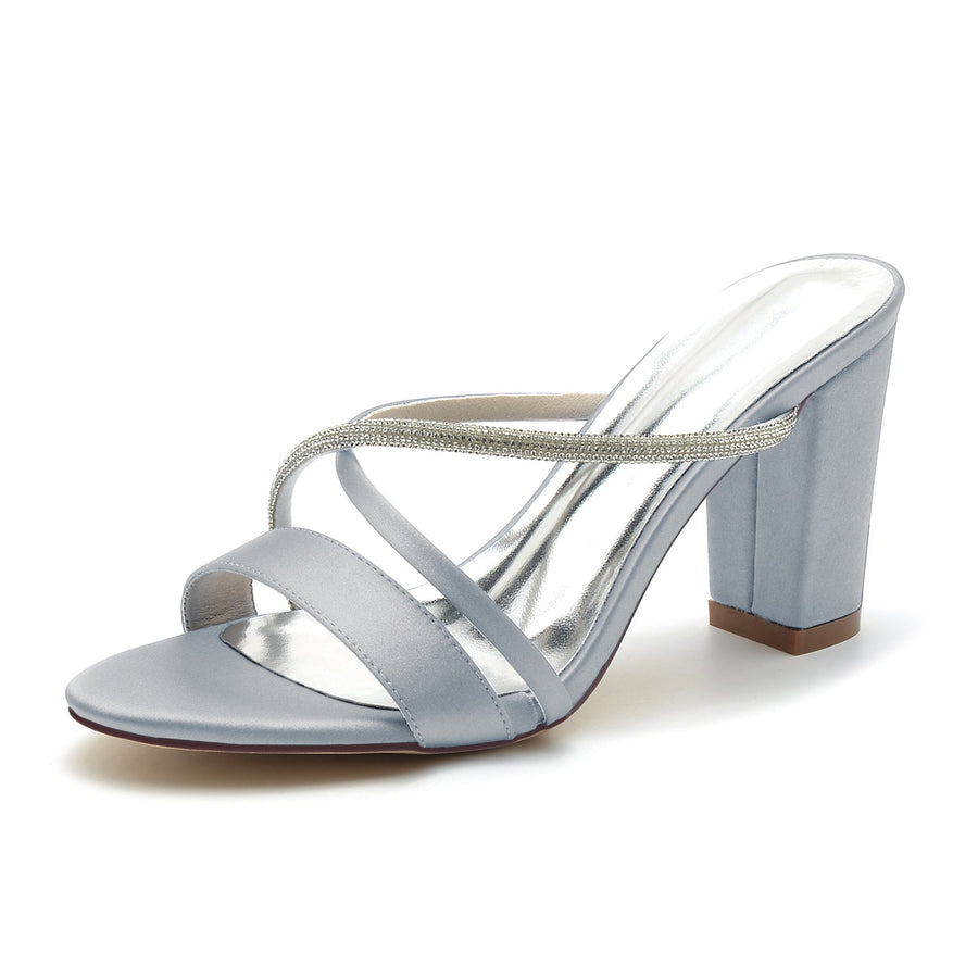 Damen Seidensatin mit Strass Peep Toe Blockabsatz Partyschuhe