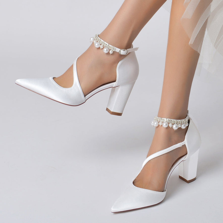 Damen Seidensatin mit Knöchelriemen Perlenquaste Geschlossene Zehenpartie Blockabsatz Partyschuhe