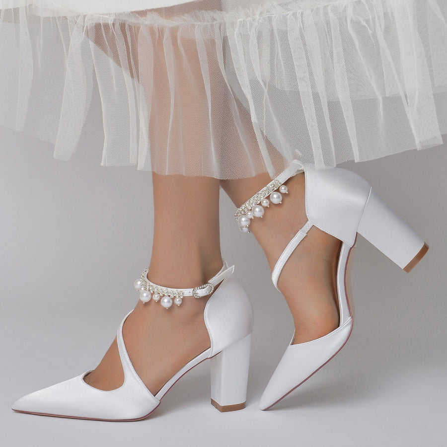 Damen Seidensatin mit Knöchelriemen Perlenquaste Geschlossene Zehenpartie Blockabsatz Partyschuhe