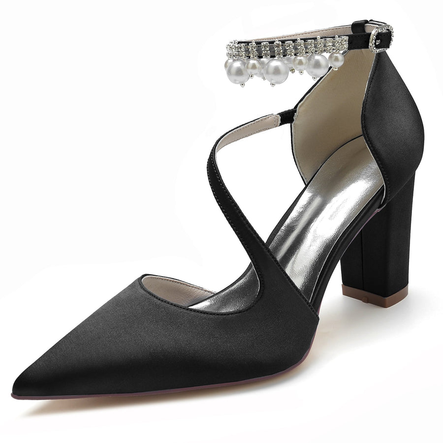 Damen Seidensatin mit Knöchelriemen Perlenquaste Geschlossene Zehenpartie Blockabsatz Partyschuhe