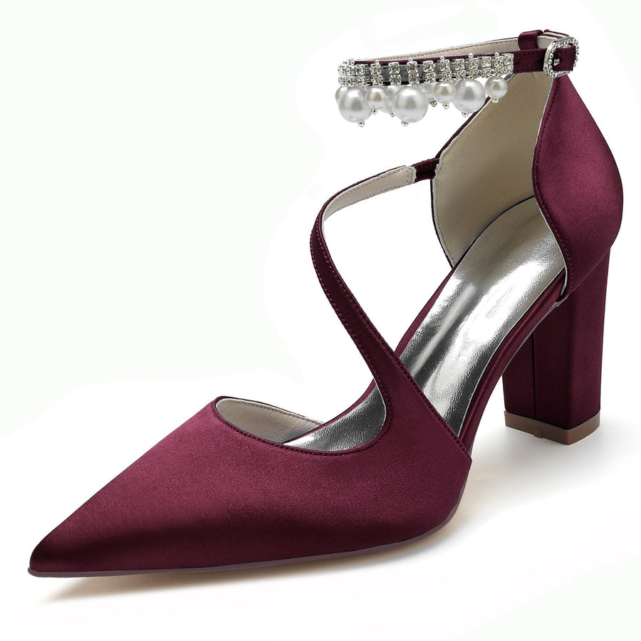 Damen Seidensatin mit Knöchelriemen Perlenquaste Geschlossene Zehenpartie Blockabsatz Partyschuhe