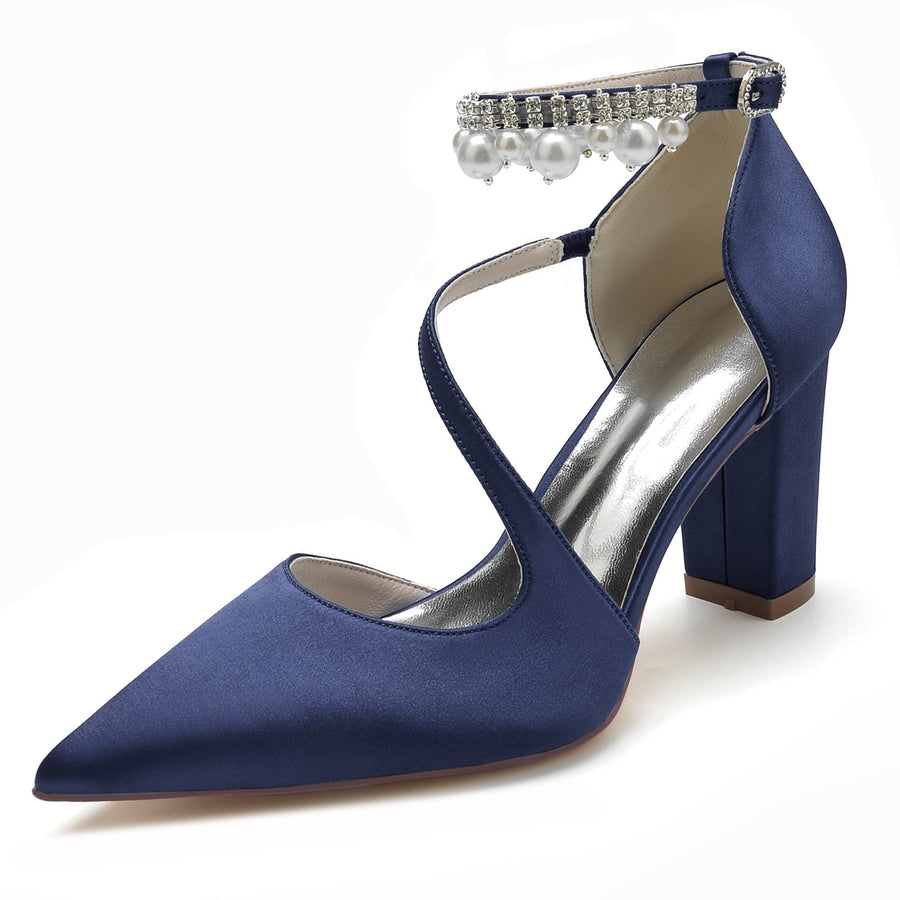 Damen Seidensatin mit Knöchelriemen Perlenquaste Geschlossene Zehenpartie Blockabsatz Partyschuhe