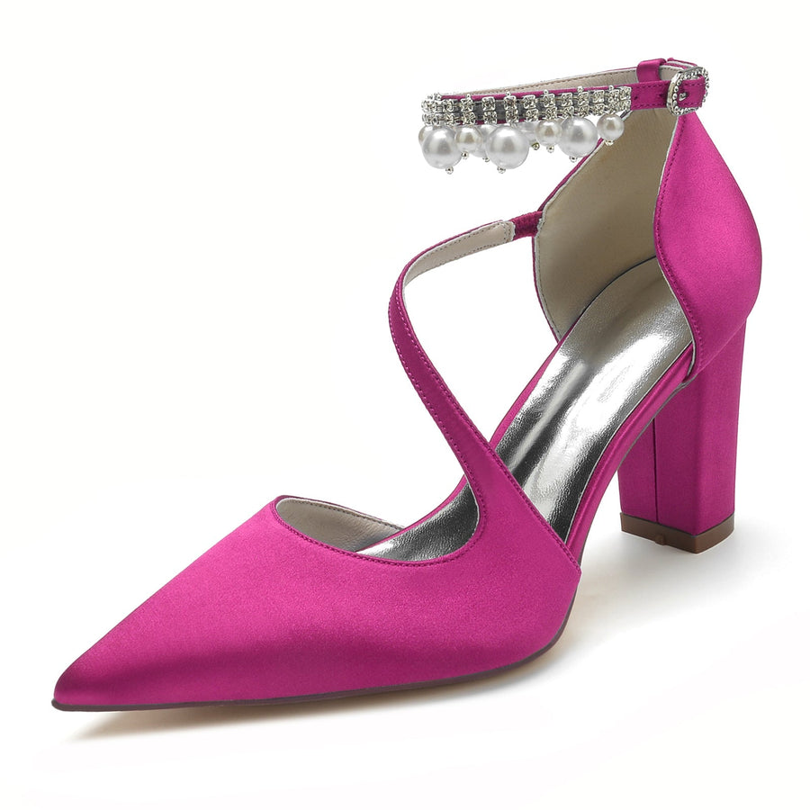 Damen Seidensatin mit Knöchelriemen Perlenquaste Geschlossene Zehenpartie Blockabsatz Partyschuhe
