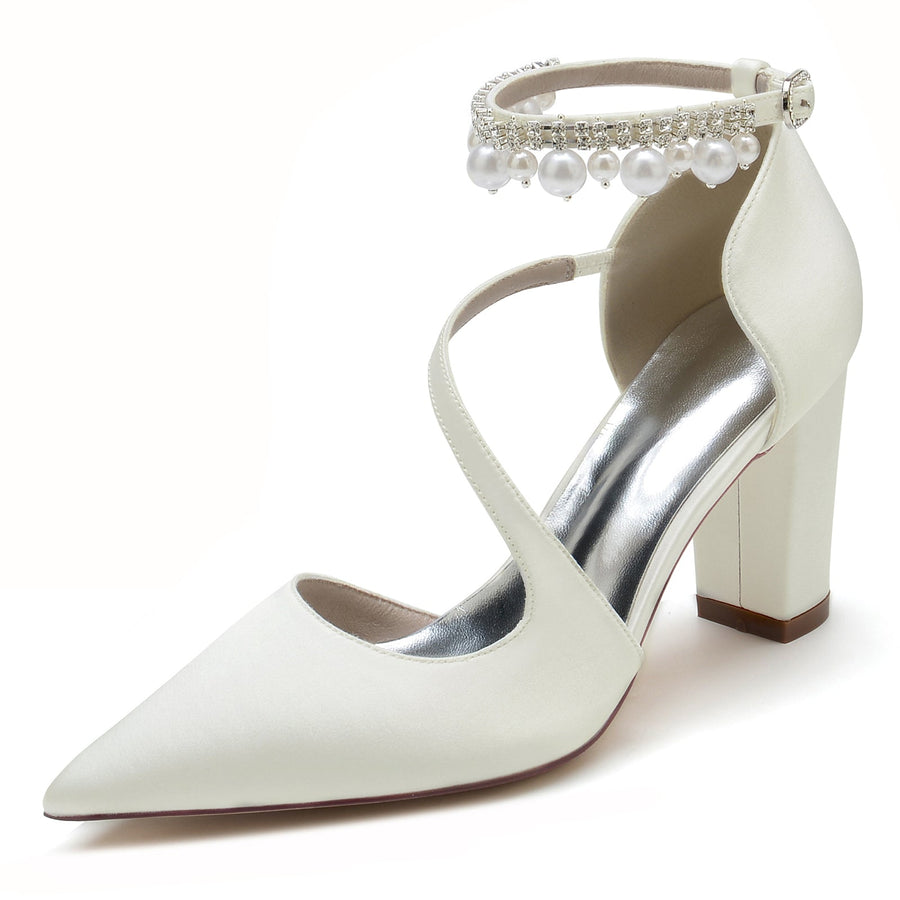 Damen Seidensatin mit Knöchelriemen Perlenquaste Geschlossene Zehenpartie Blockabsatz Partyschuhe