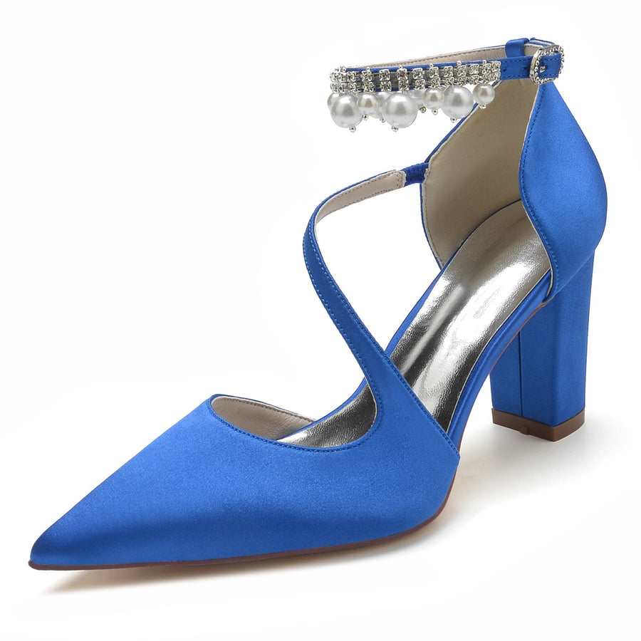 Damen Seidensatin mit Knöchelriemen Perlenquaste Geschlossene Zehenpartie Blockabsatz Partyschuhe
