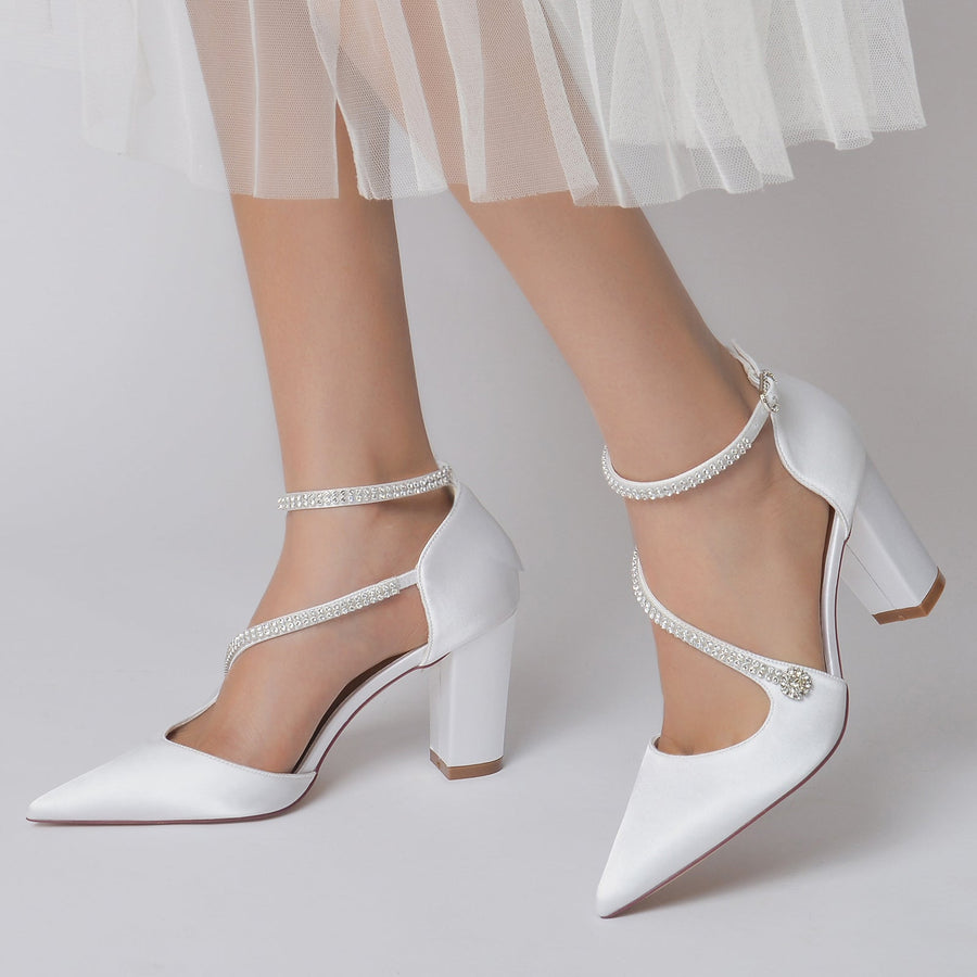 Damen Seidensatin mit Knöchelriemen Strass Blockabsatz Geschlossene Zehen Hochzeitsschuhe