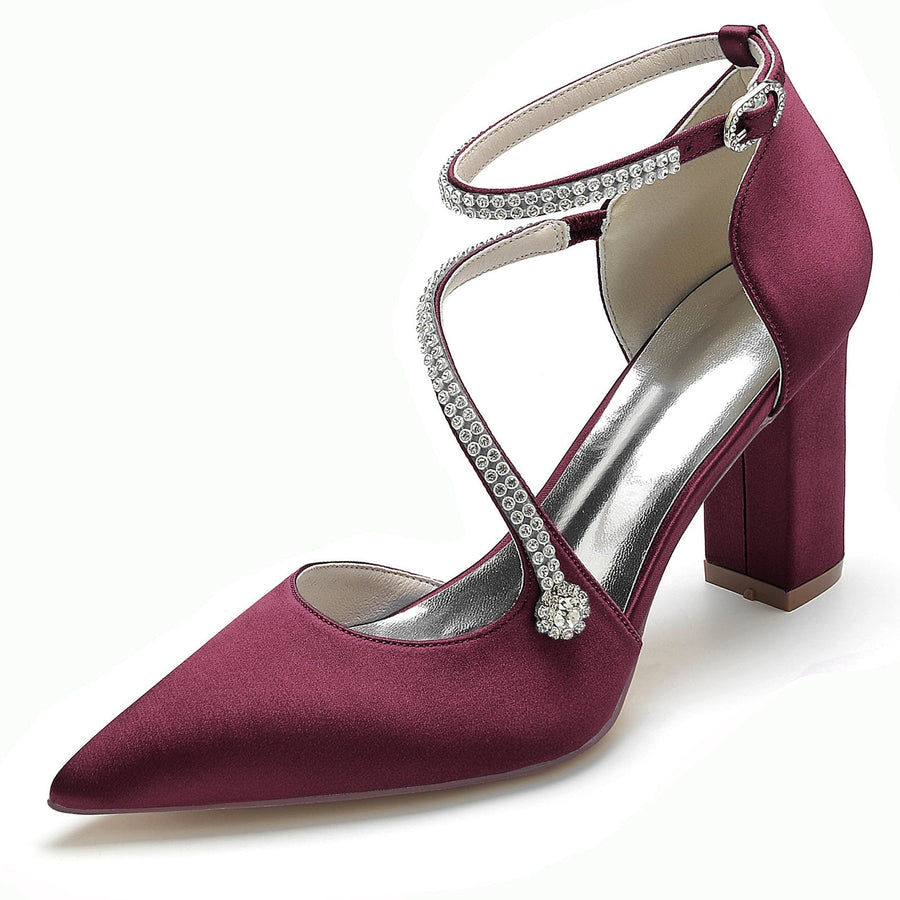 Damen Seidensatin mit Knöchelriemen Strass Blockabsatz Geschlossene Zehen Hochzeitsschuhe