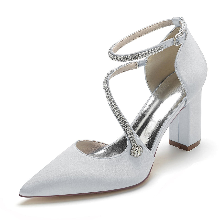 Damen Seidensatin mit Knöchelriemen Strass Blockabsatz Geschlossene Zehen Hochzeitsschuhe