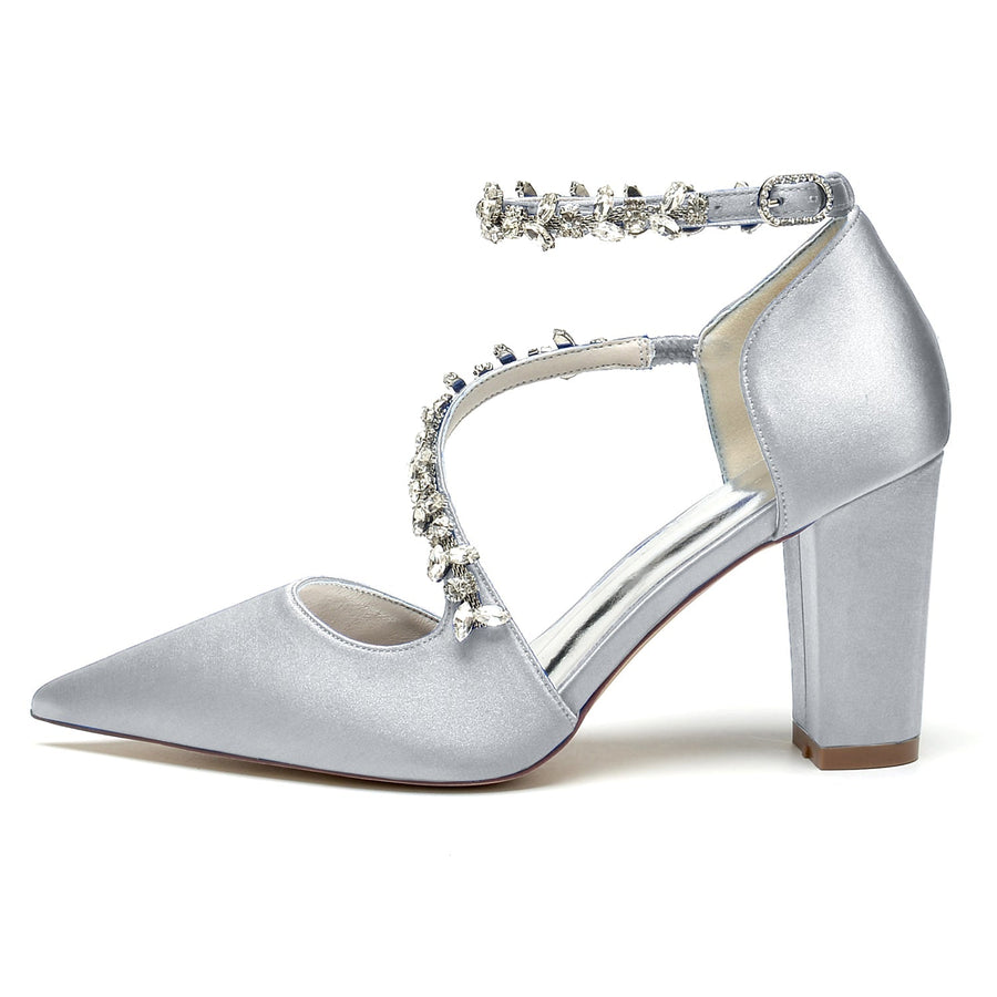 Damen Abendschuhe aus Seidensatin mit Knöchelriemen und Strasssteinen, geschlossene Zehenpartie, klobiger Absatz
