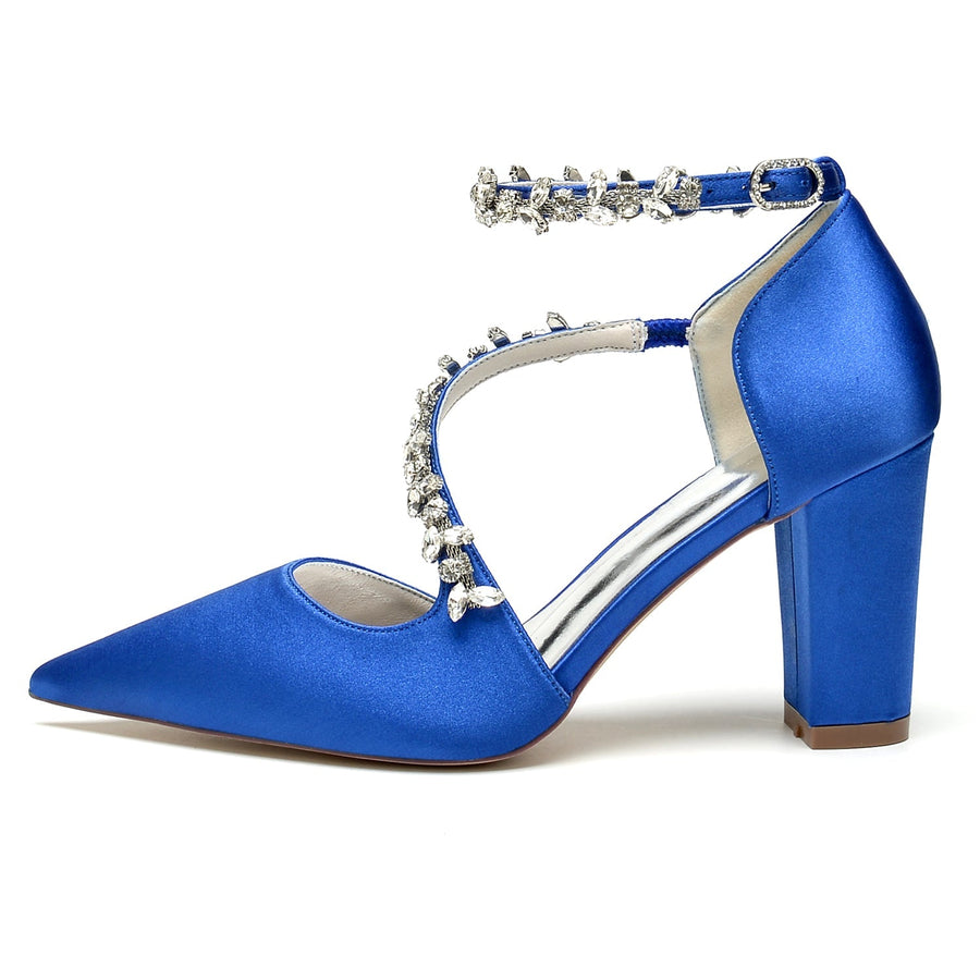 Damen Abendschuhe aus Seidensatin mit Knöchelriemen und Strasssteinen, geschlossene Zehenpartie, klobiger Absatz