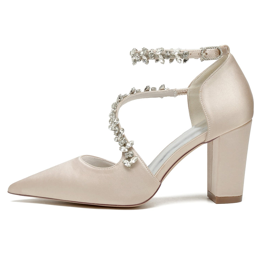 Damen Abendschuhe aus Seidensatin mit Knöchelriemen und Strasssteinen, geschlossene Zehenpartie, klobiger Absatz