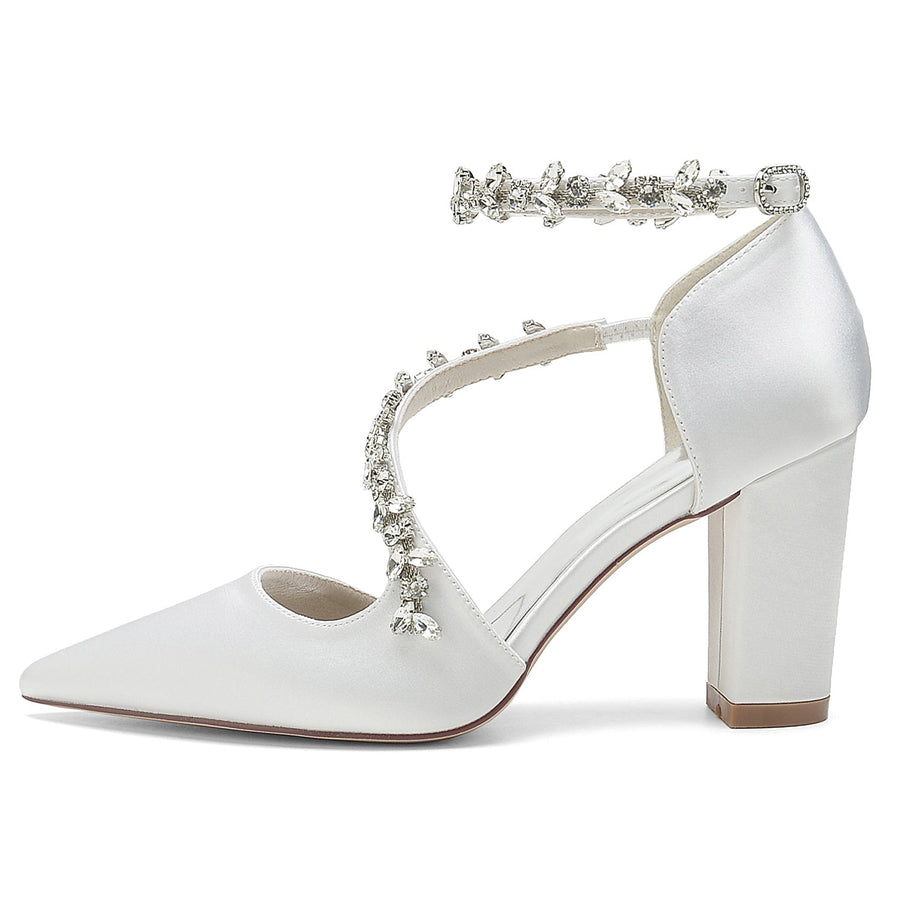 Damen Abendschuhe aus Seidensatin mit Knöchelriemen und Strasssteinen, geschlossene Zehenpartie, klobiger Absatz