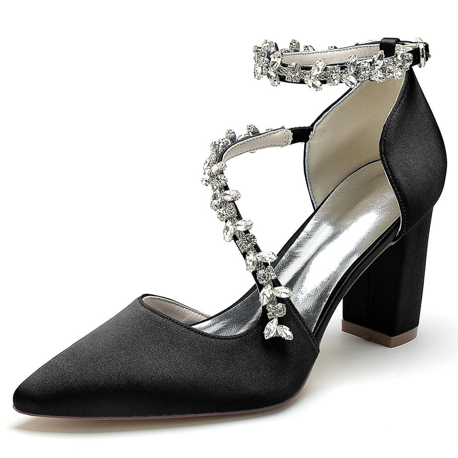 Damen Abendschuhe aus Seidensatin mit Knöchelriemen und Strasssteinen, geschlossene Zehenpartie, klobiger Absatz