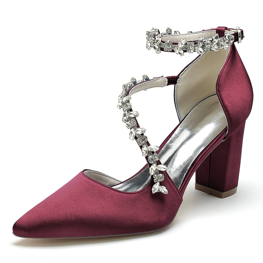 Damen Abendschuhe aus Seidensatin mit Knöchelriemen und Strasssteinen, geschlossene Zehenpartie, klobiger Absatz