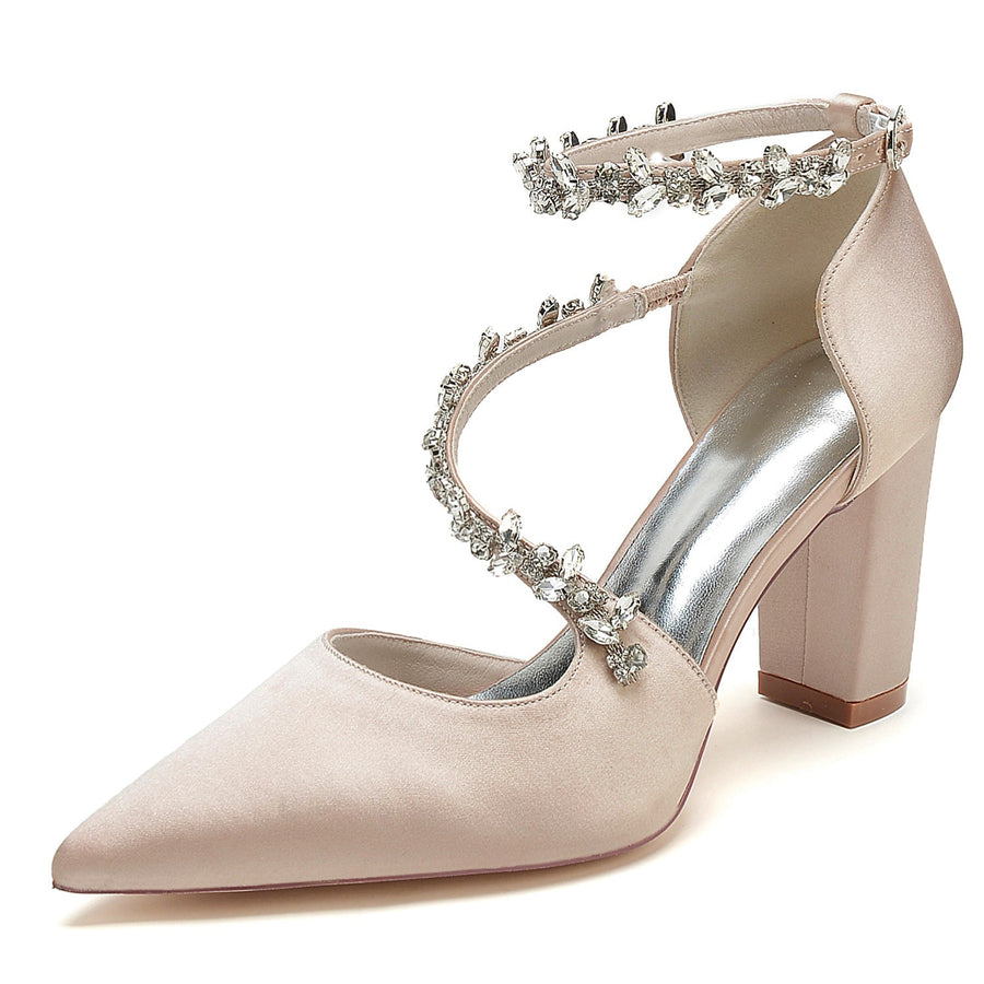 Damen Abendschuhe aus Seidensatin mit Knöchelriemen und Strasssteinen, geschlossene Zehenpartie, klobiger Absatz