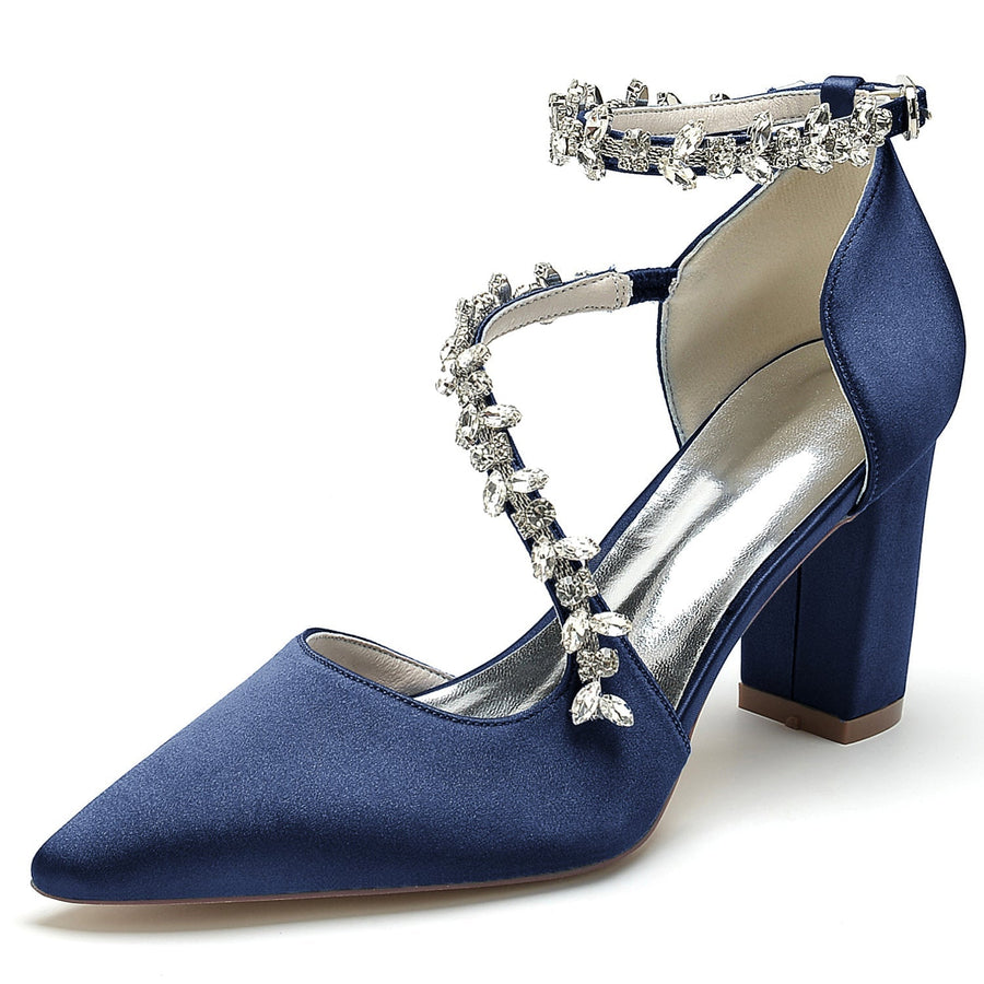 Damen Abendschuhe aus Seidensatin mit Knöchelriemen und Strasssteinen, geschlossene Zehenpartie, klobiger Absatz