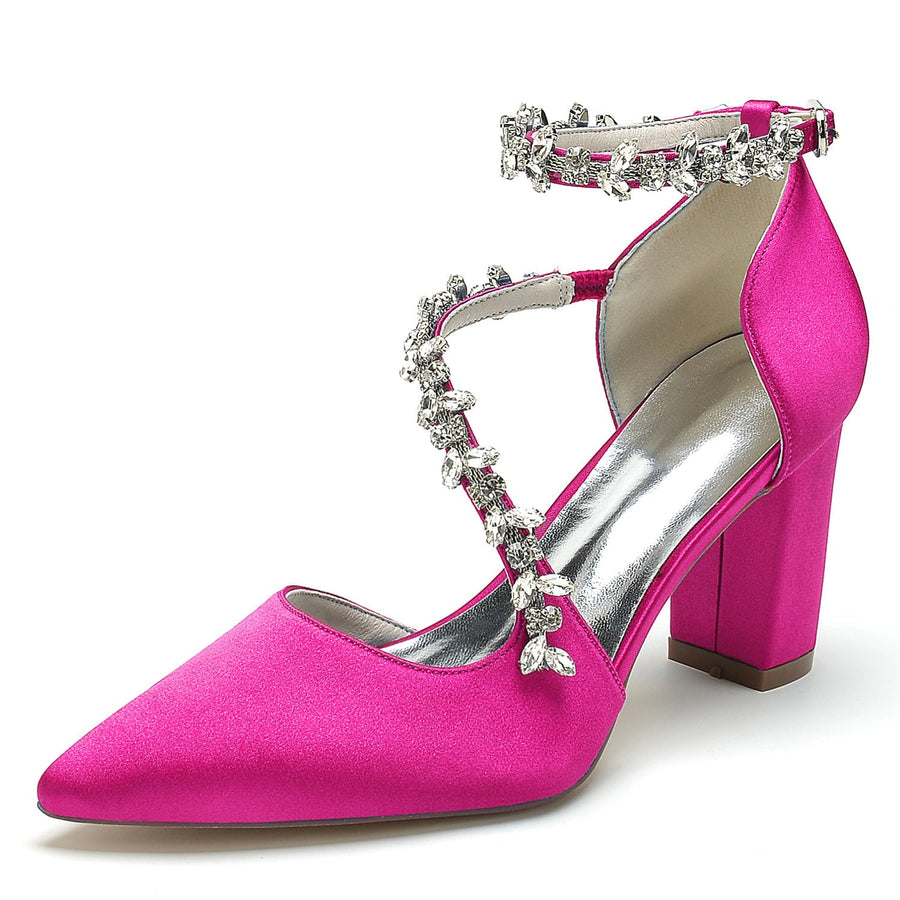 Damen Abendschuhe aus Seidensatin mit Knöchelriemen und Strasssteinen, geschlossene Zehenpartie, klobiger Absatz